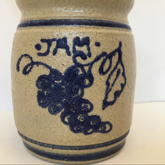 Salt Glazed Jam Jar Cobalt Blue stripes Beige Lid pottery Spoon Grapes vintage - Picture 2 of 15